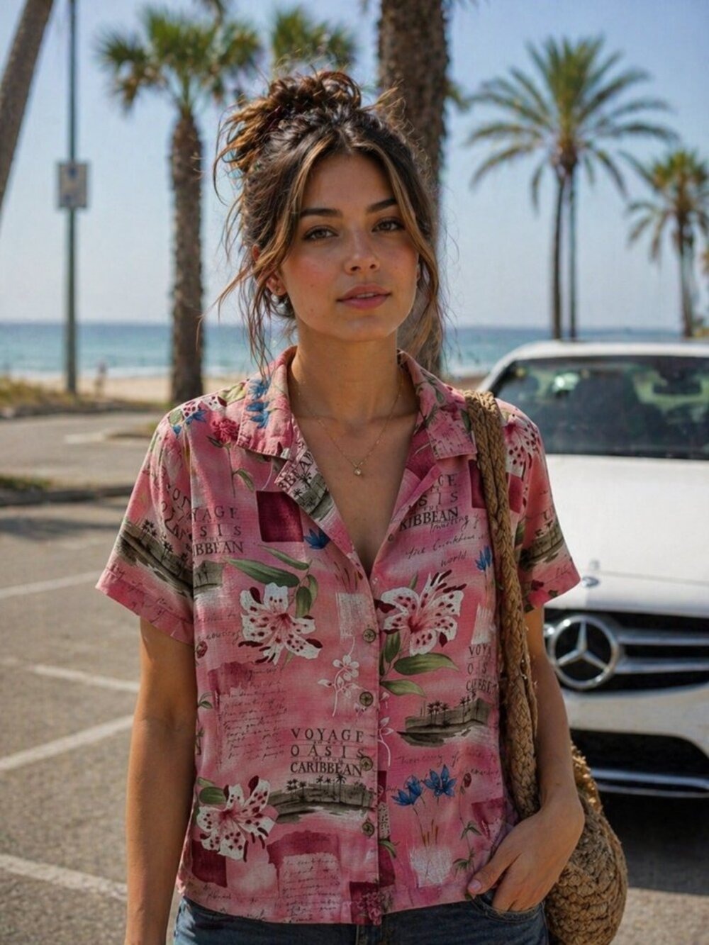 Vintage Caribbean Joe Pink Hawaiian Shirt Floral Tropical Button Up Unisex sz(L)